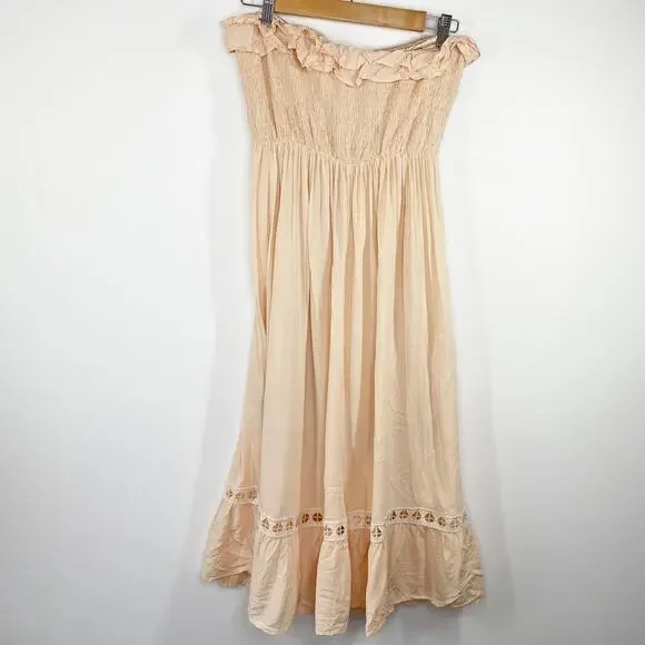 Pale Peach Pink Strapless Tie Neck Lace Dress Feminine Boho Fairy Women Medium - Picture 2 of 8